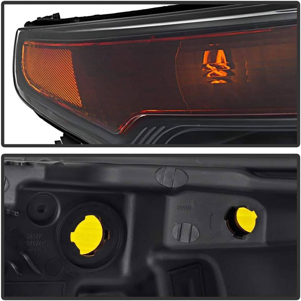 Amber reflector and clear lens sections on a black halogen projector headlight assembly