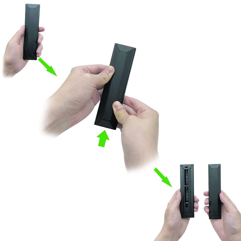 Black remote control with hands demonstrating sliding battery cover