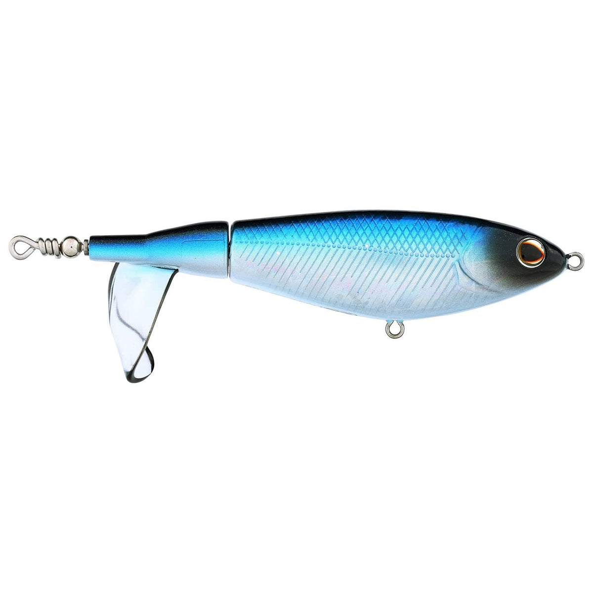 Blue topwater bullet fishing lure with orange eye and treble hooks