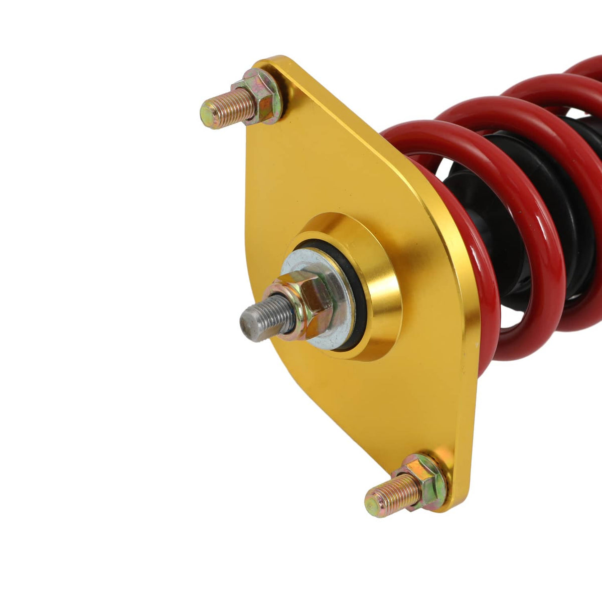 Coilover suspension strut with gold bracket, red coil spring, and mounting bolts