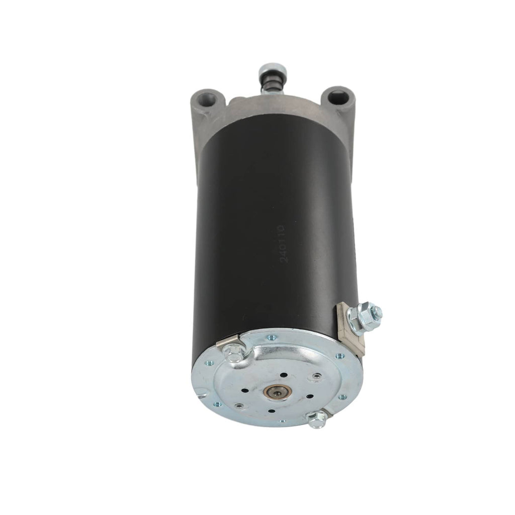 Electric starter motor front view with black housing and silver solenoid plate