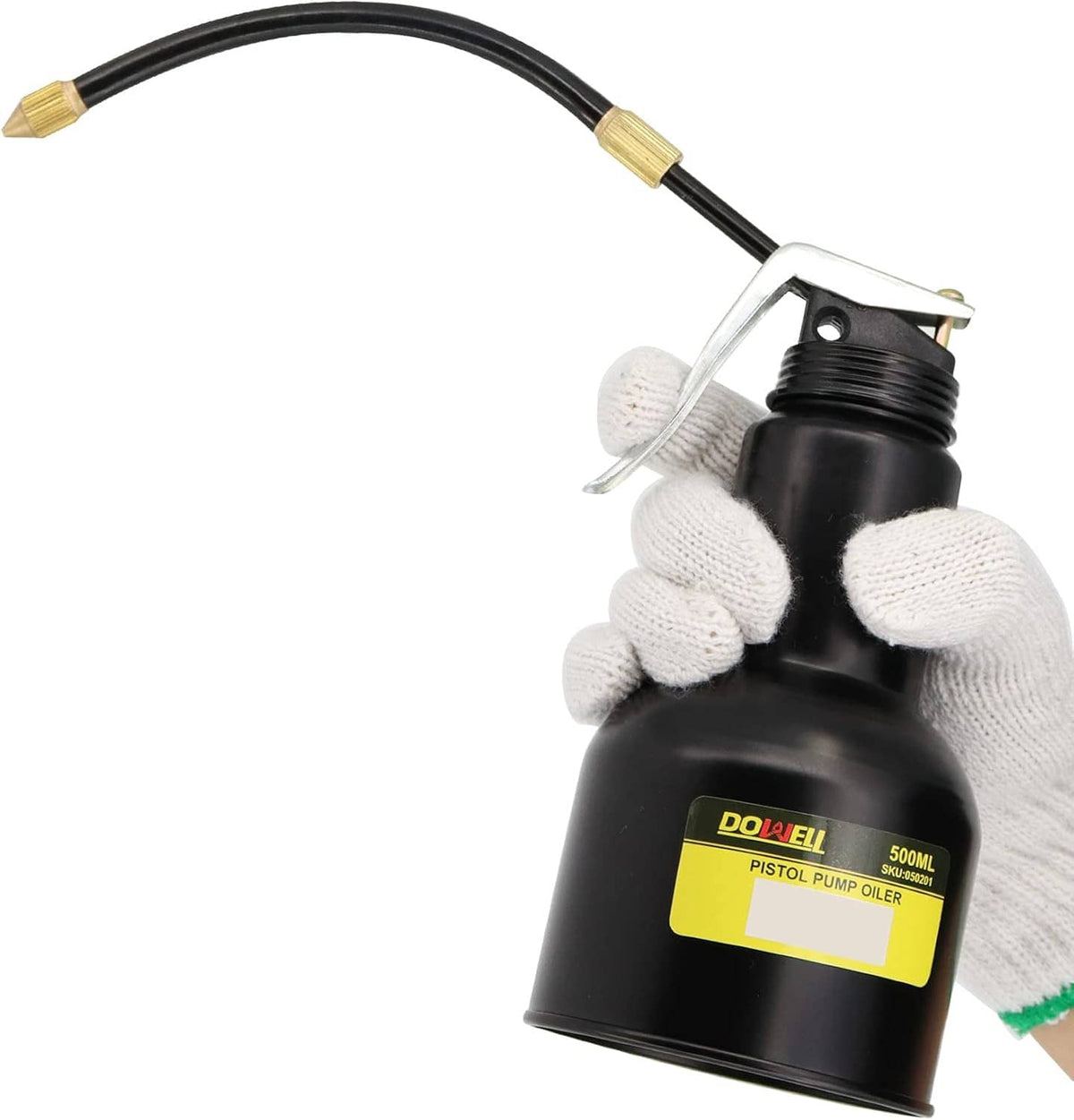 Black metal pistol pump oiler held with white gloves, brass nozzle and flexible tube
