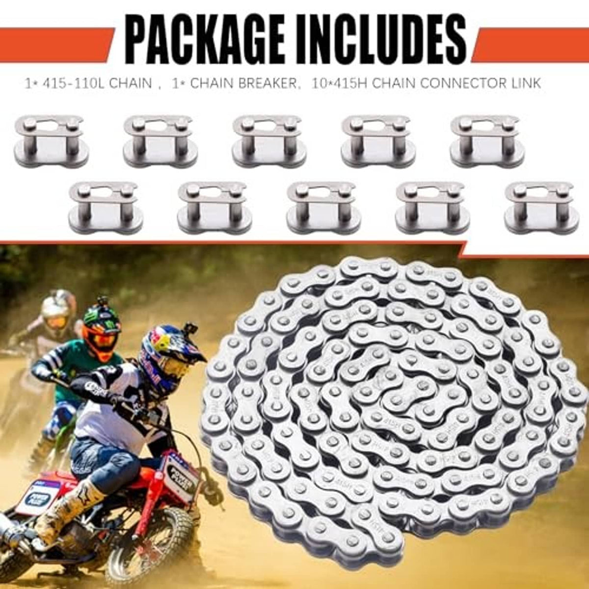 Drive chain kit includes long roller chain plus multiple connector links and chain breaker