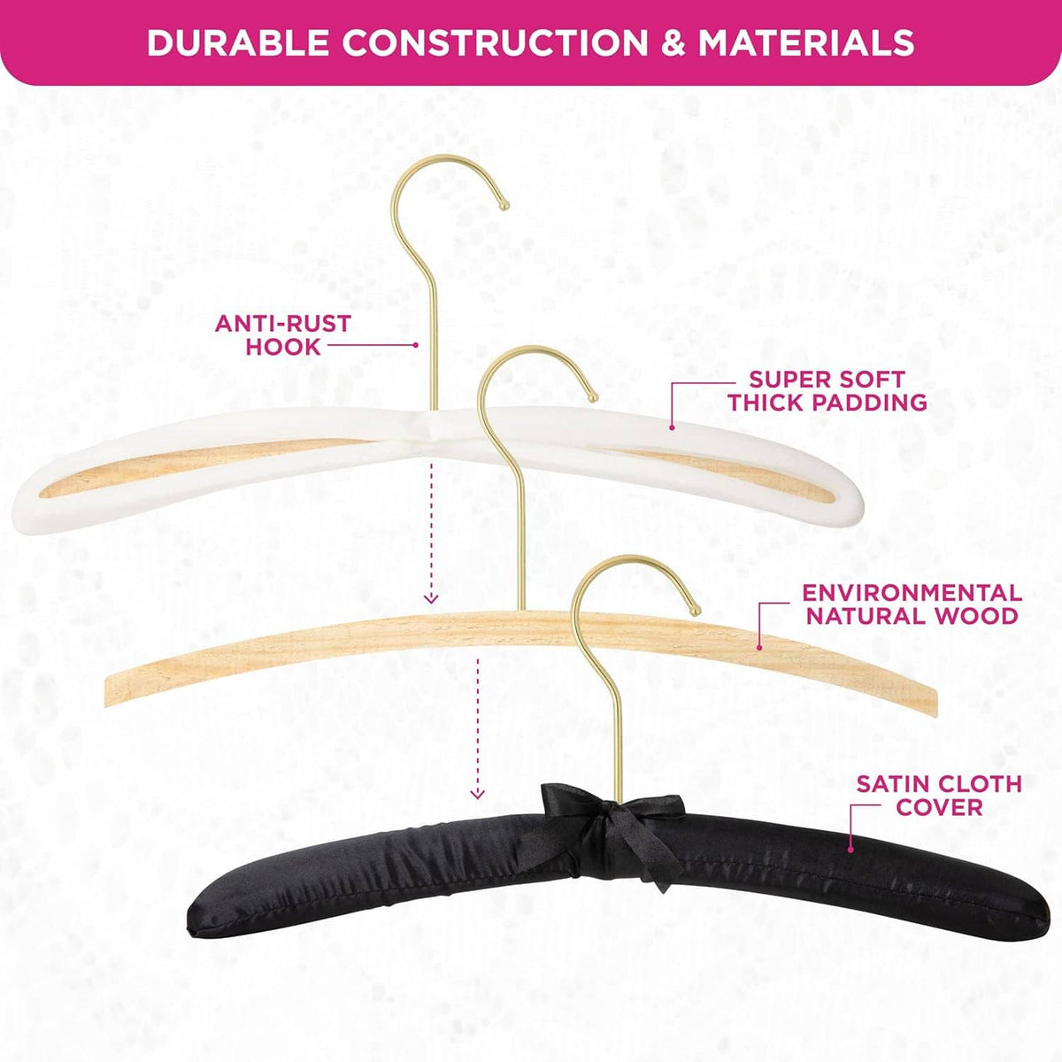 Black satin-cloth covered wooden hangers with gold anti-rust hooks and thick padding