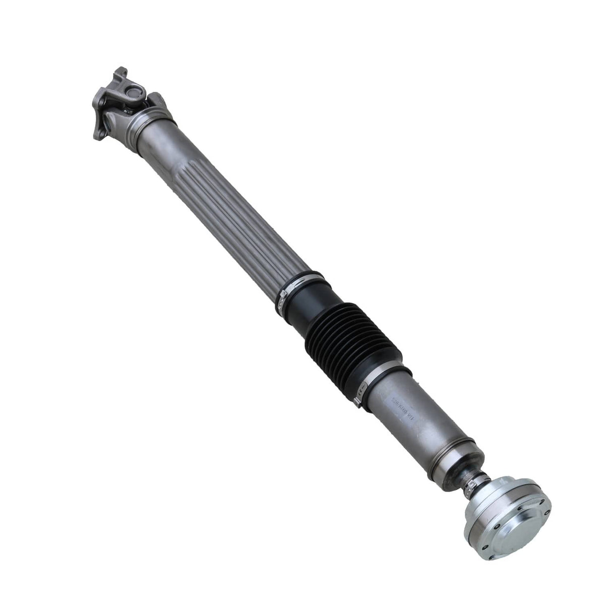 Front driveshaft assembly with long silver shaft and U-joint yoke, with rubber bellows