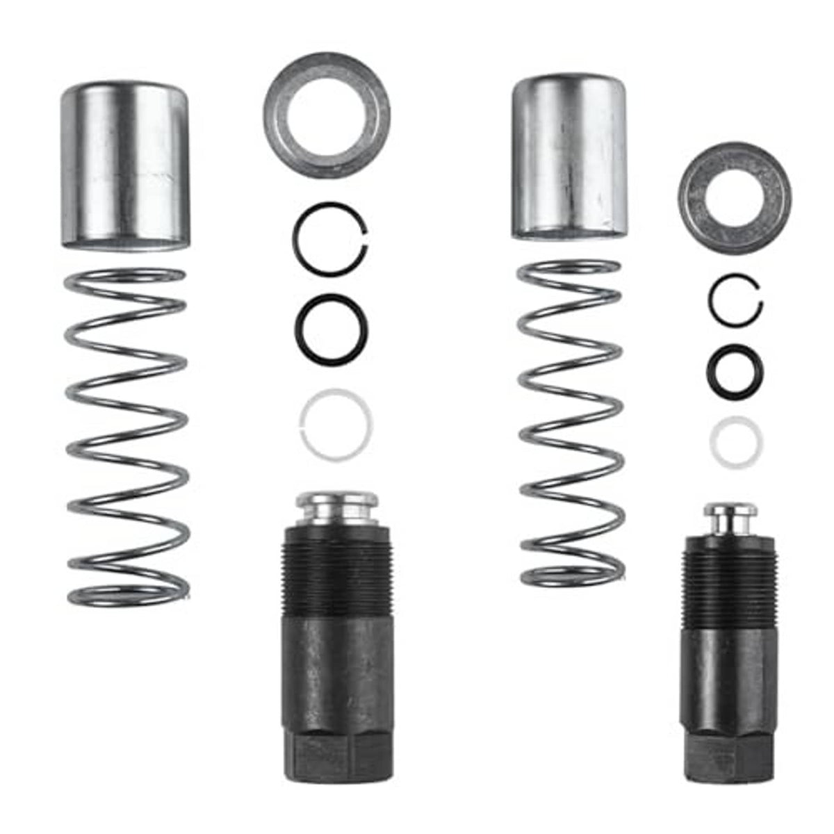 Jack piston plunger kit components: chrome cylinders, coil springs, black sleeves and rings
