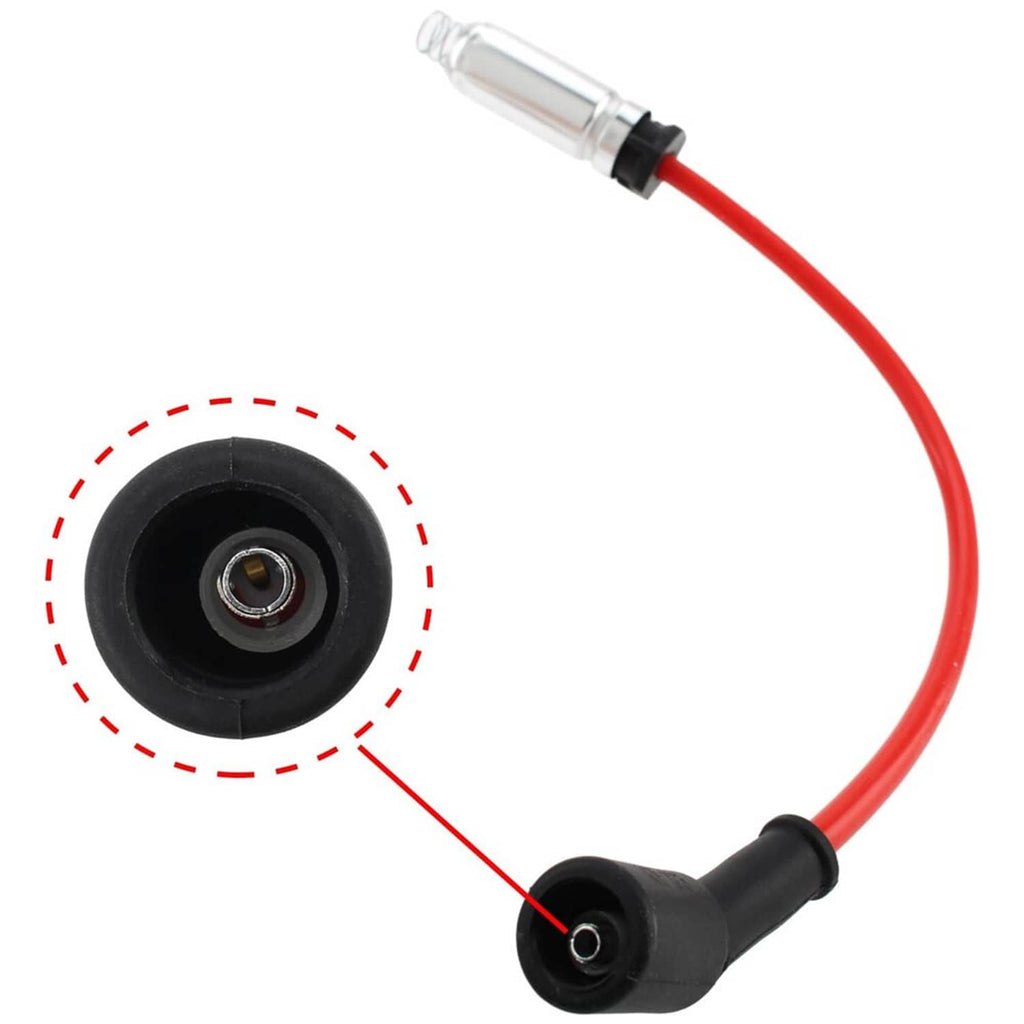 Spark plug lead with red wire, black boot, and silver electrode tip detail.