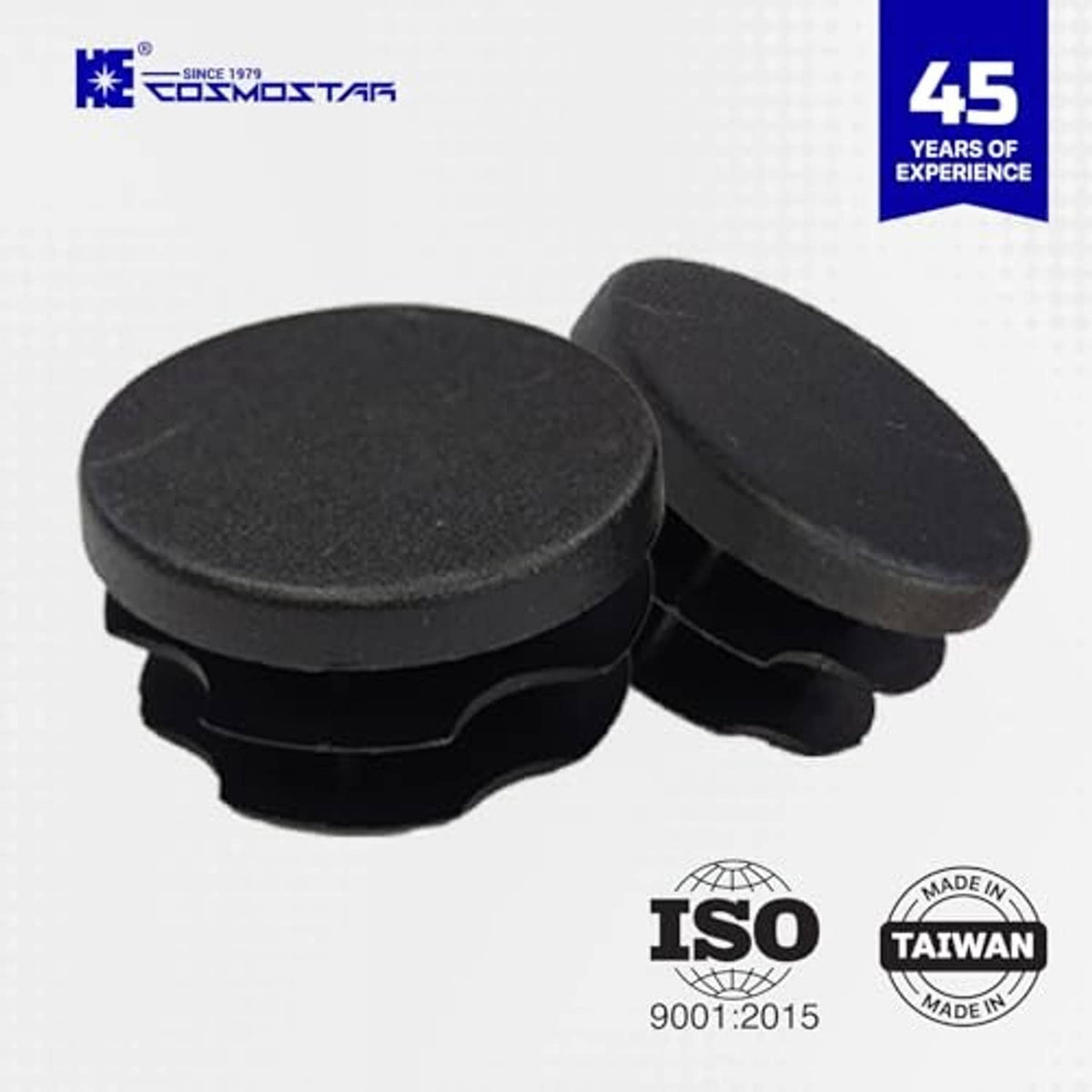 Cosmostar round plastic plugs, matte black caps with ridged base, ISO and Taiwan tags