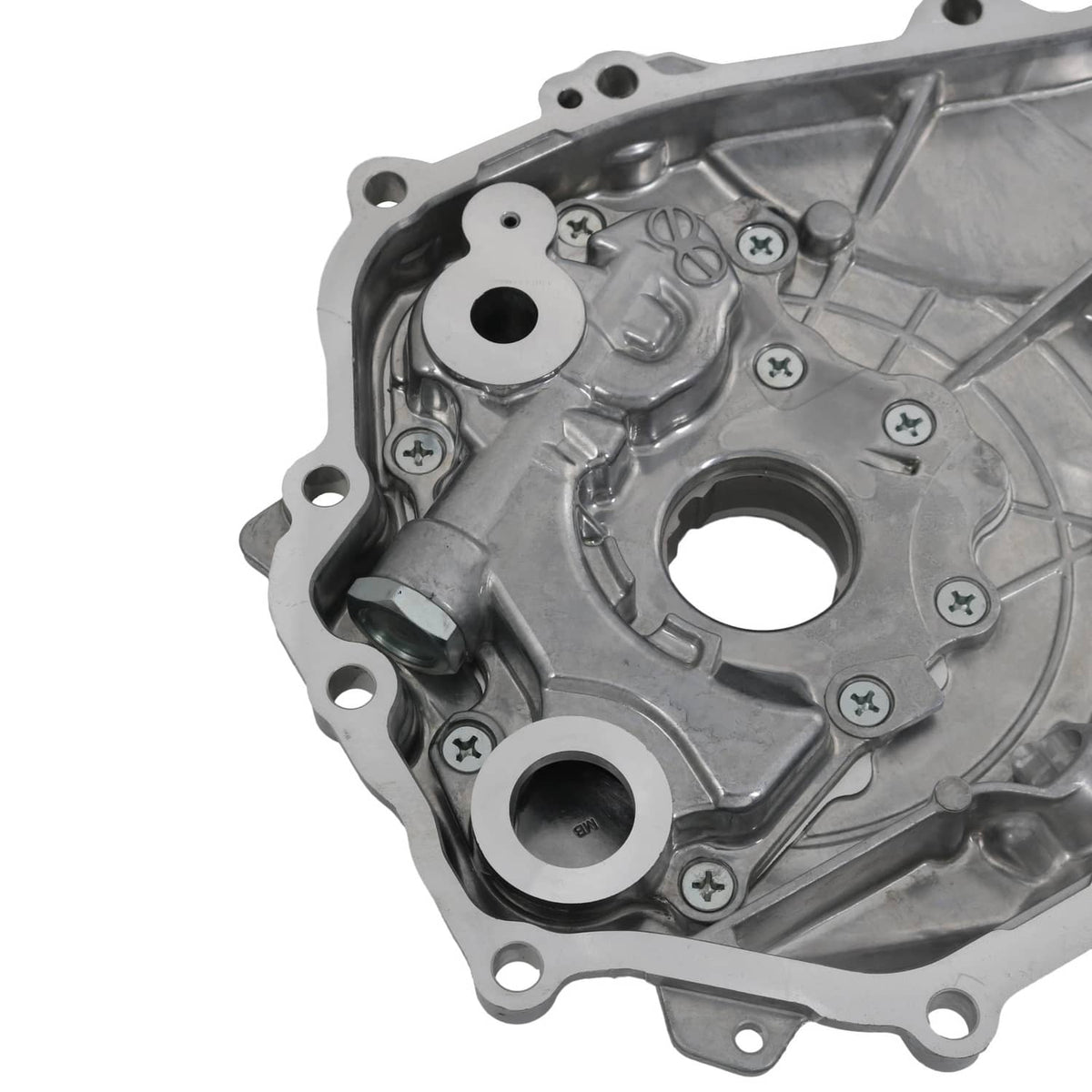 Oil pump cover plate with cutouts, bolt heads, and machined ports