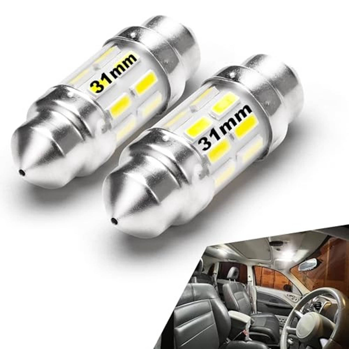 Two silver 31mm LED bulbs with white SMD chips, clear bulb ends