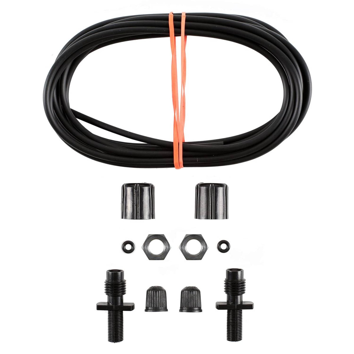 Black air shock absorber hose kit with fittings, nuts, bolts and end caps
