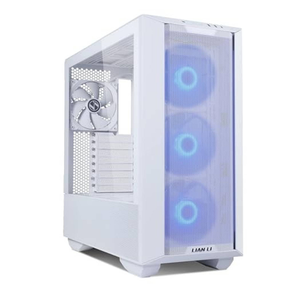 White LANCOOL III E-ATX PC case with front ventilation mesh and RGB fans through glass