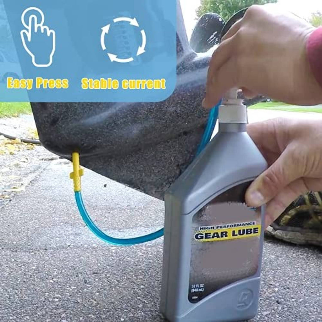 Gear lube bottle with connected hose and yellow pump on outboard lower unit for dispensing