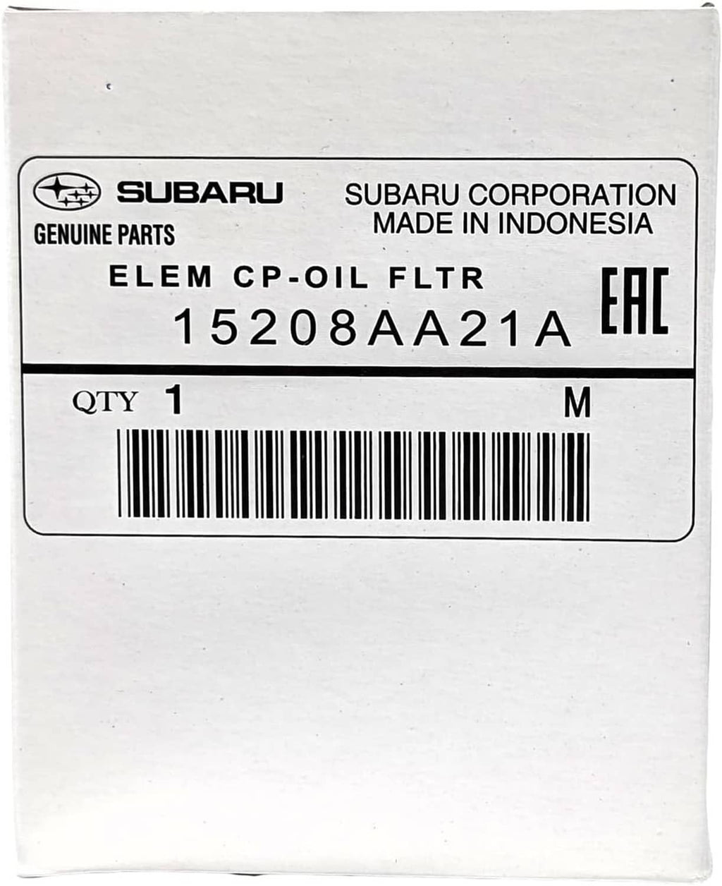 White box label for Subaru engine oil filter with part number and barcode.