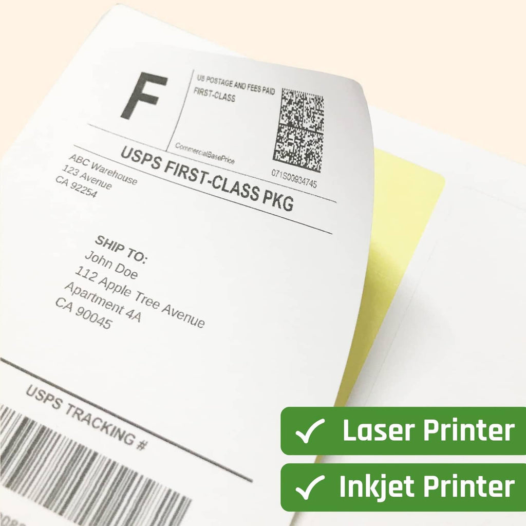Printable white sticker sheets with USPS First-Class shipping label details