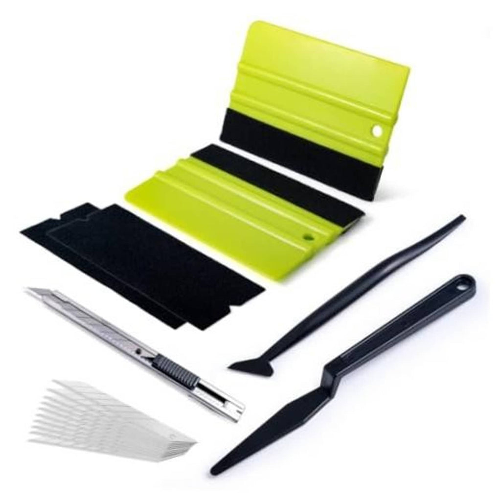 Car window tint kit with lime green and black felt squeegee set and trimming tools