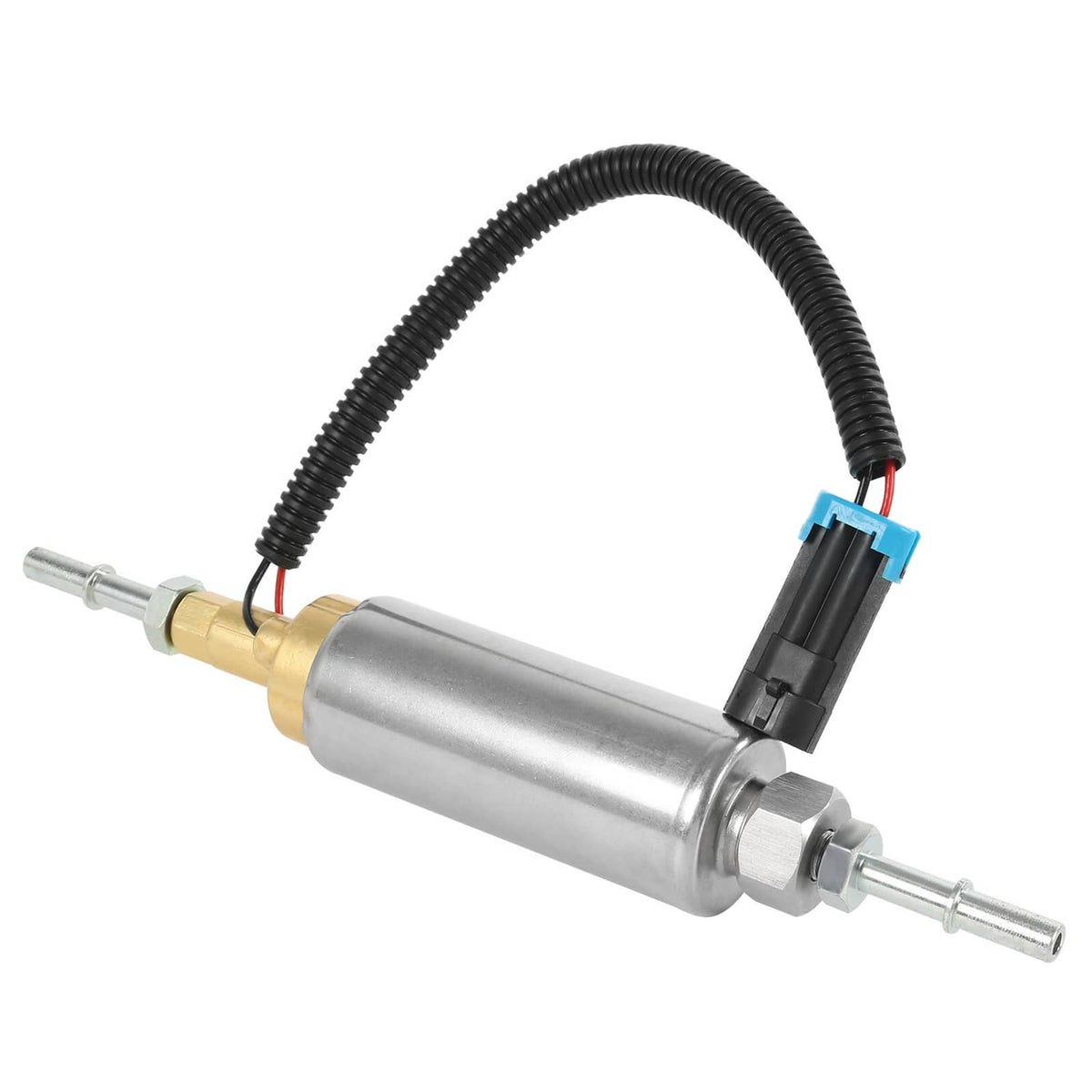 12V EFI fuel pump with silver metal cylinder, brass inlet, black hose, blue connector