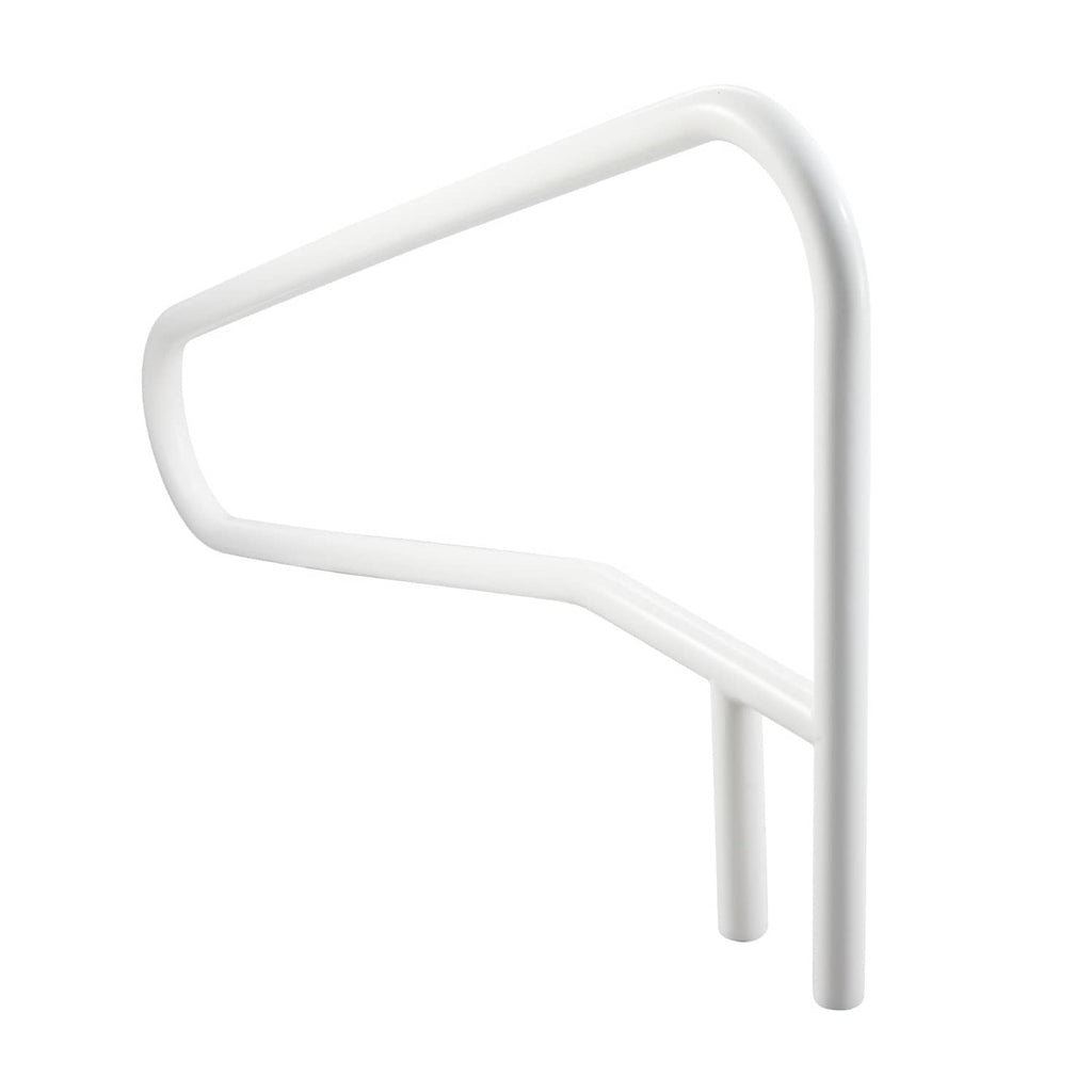 Milky white stainless steel pool handrail with angled side supports and curved grip