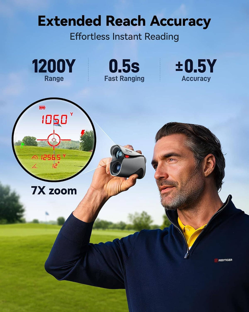 Golf laser rangefinder in golfer’s hand, silver body with lens and red aiming light