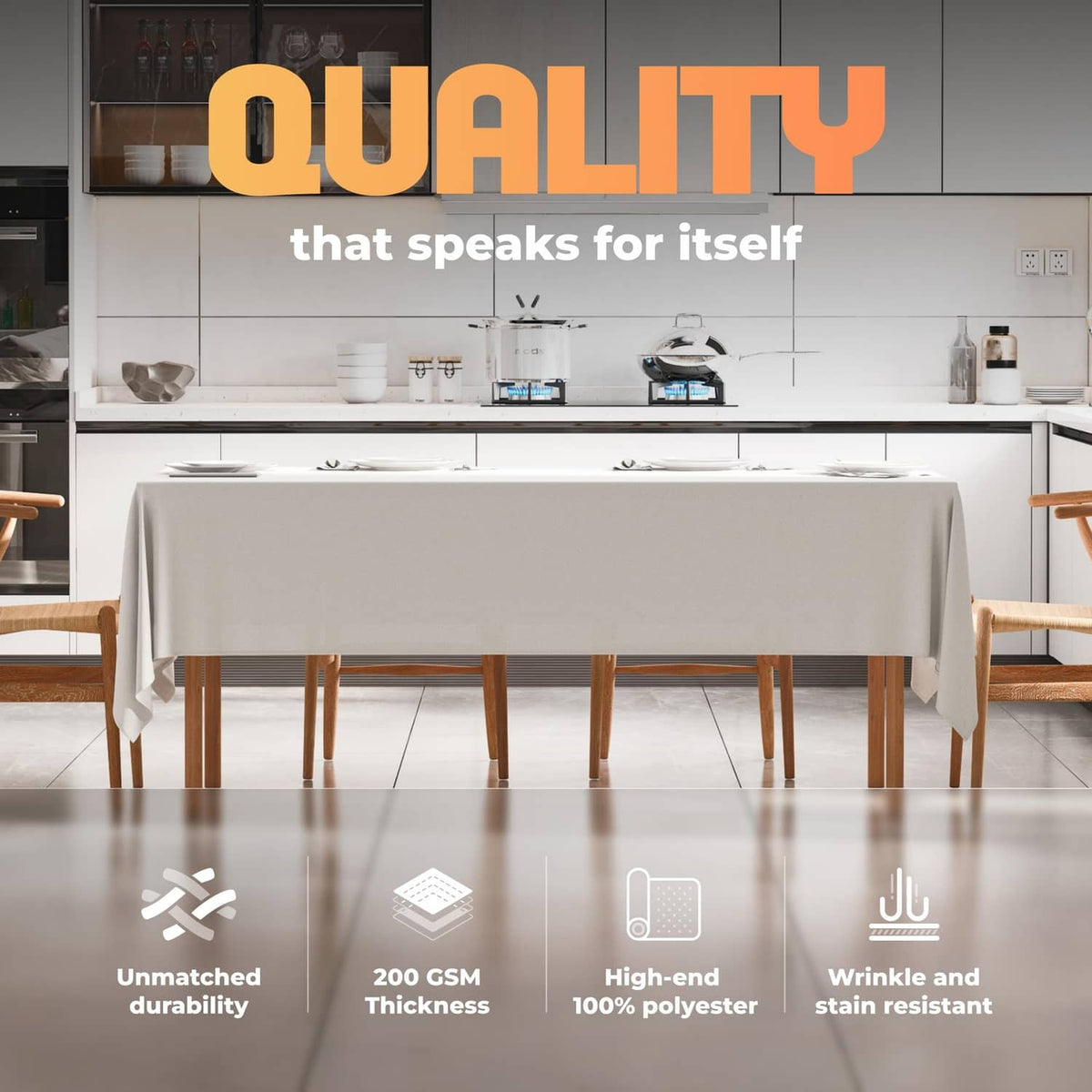 White tablecloth covering a dining table, smooth drape with even drop