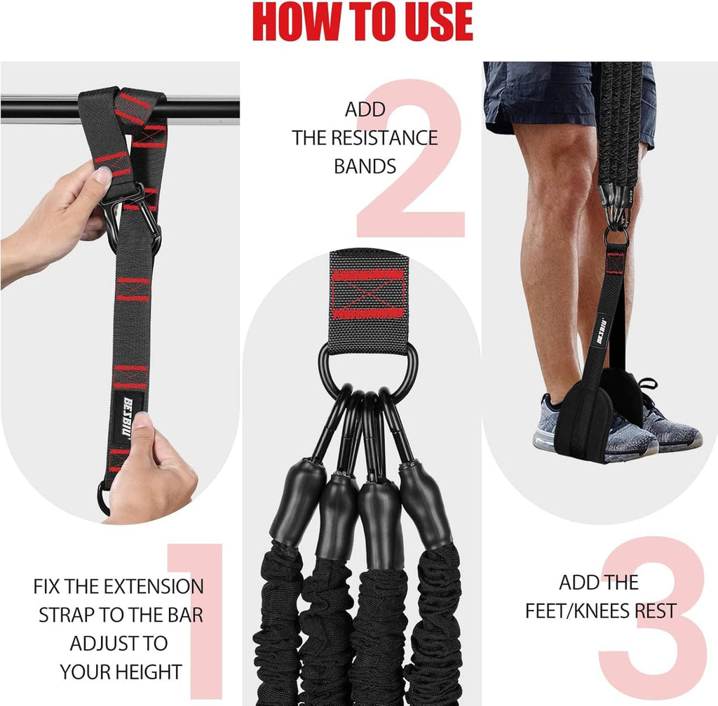 Pull-up assistance bands with ankle/foot strap and looped resistance bands, black with red accents