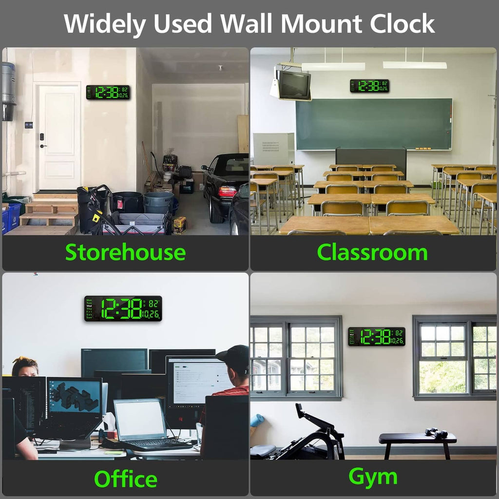 Digital wall clock with green LED display shown on wall mounts in multiple rooms