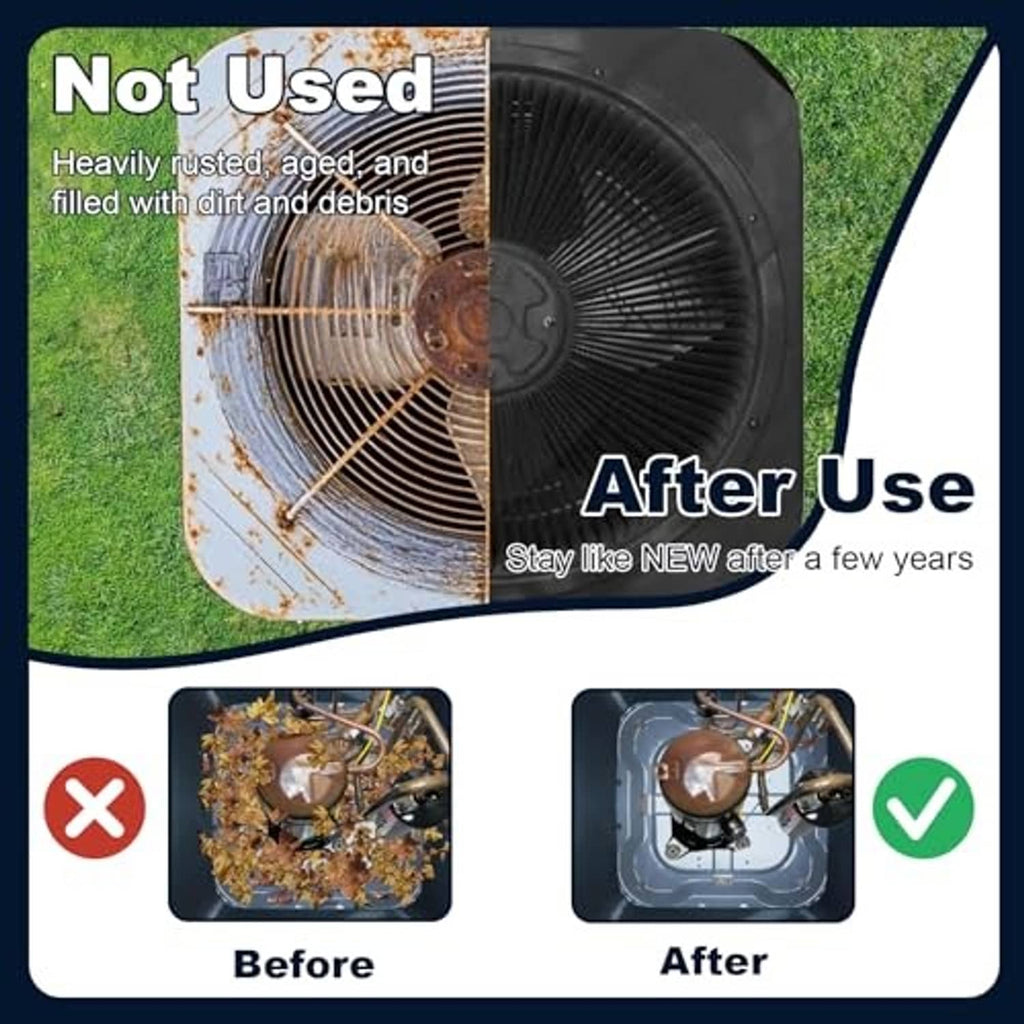 Outdoor AC cover showing protection from debris, black mesh with tie loops