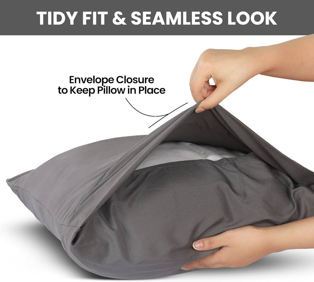 Gray pillow cover with envelope opening shown for placing the insert.