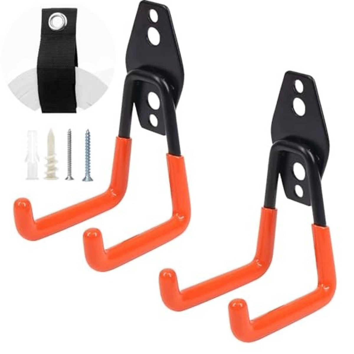 Orange steel U-shaped hooks with two black wall-mount brackets, screw anchors included