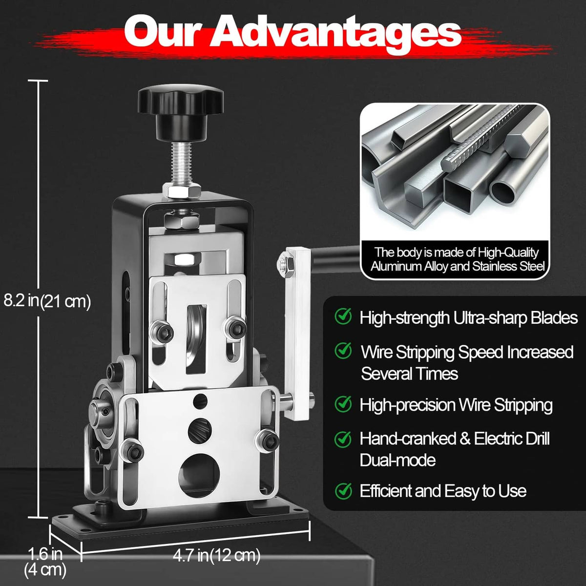Manual wire stripping machine front view with adjustable blade and sturdy base