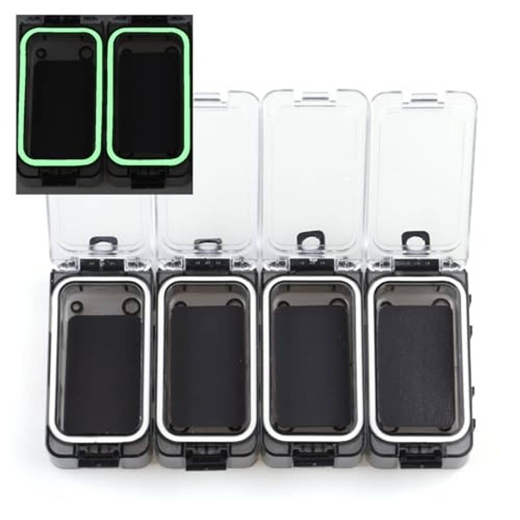Magnetic waterproof organizer showing four clear-lidded compartments with black bases