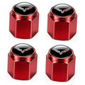 Red metal tire valve stem caps with Corvette emblem, black top insert