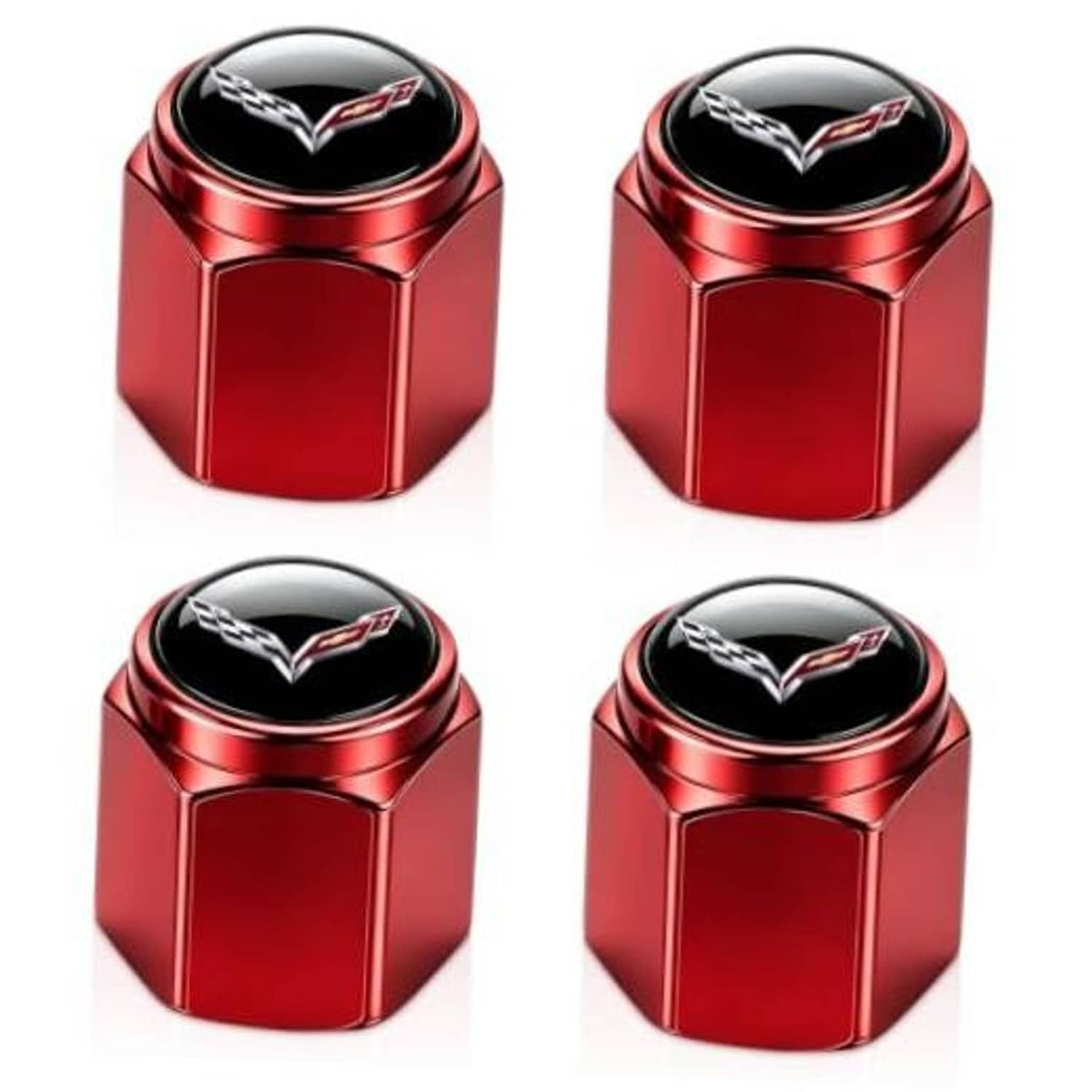 Red metal tire valve stem caps with Corvette emblem, black top insert