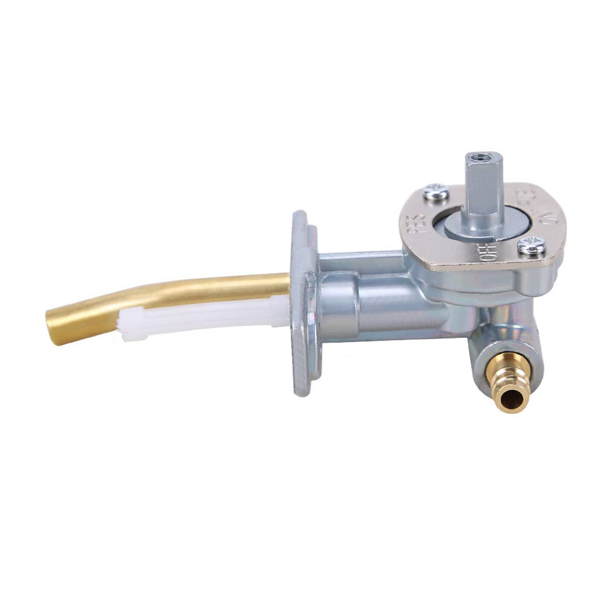 Fuel petcock valve assembly with brass inlet tube, silver body and round cap