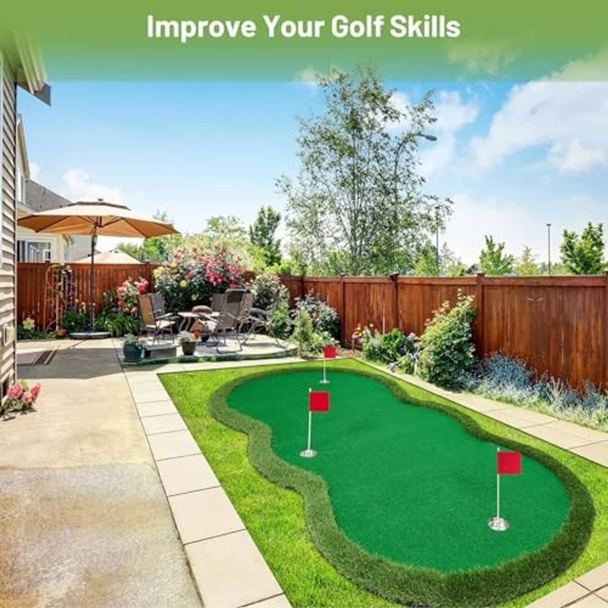 Outdoor green putting mat on patio lawn with red flag hole targets