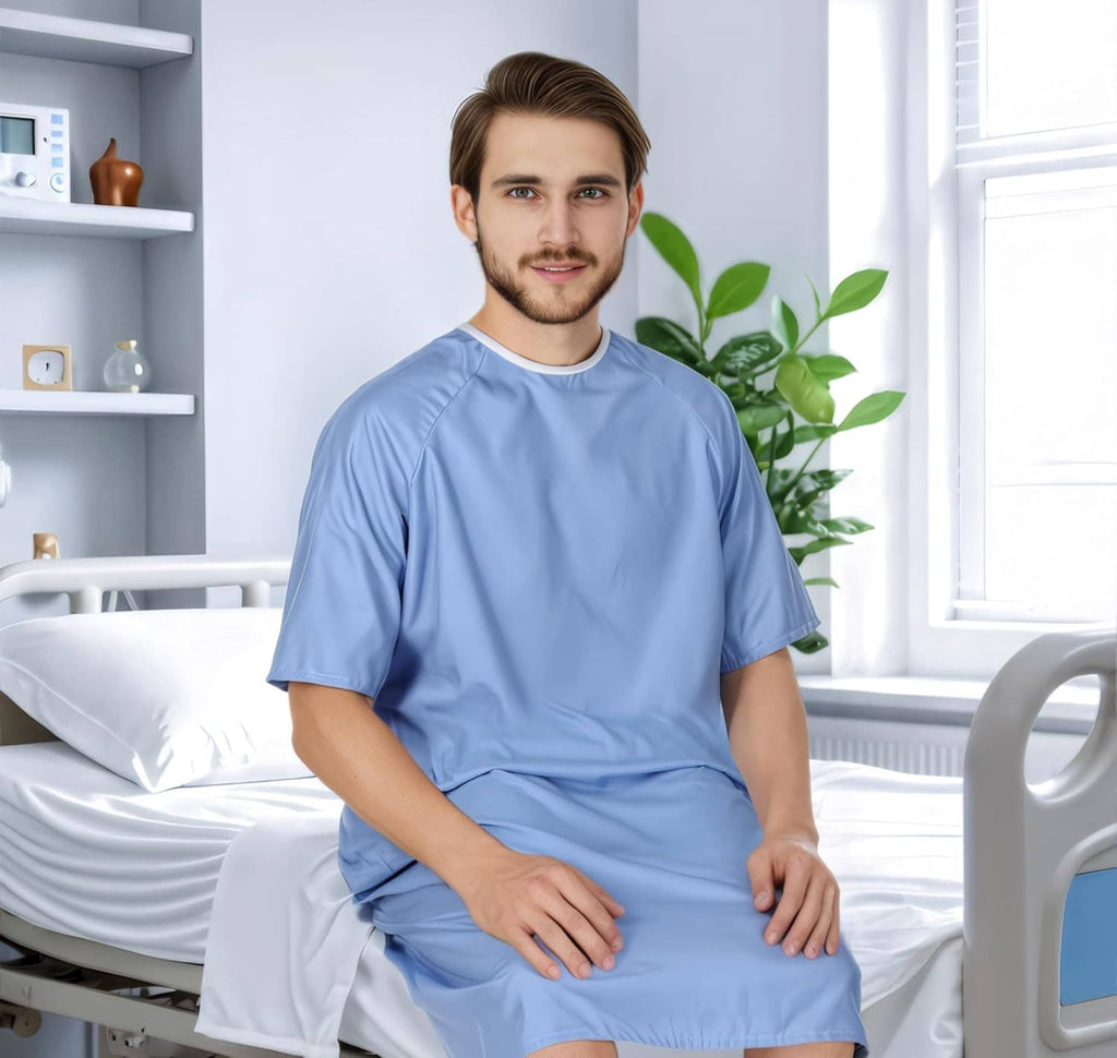 Men's patient hospital gown, light blue short sleeves, crew neck, worn while seated