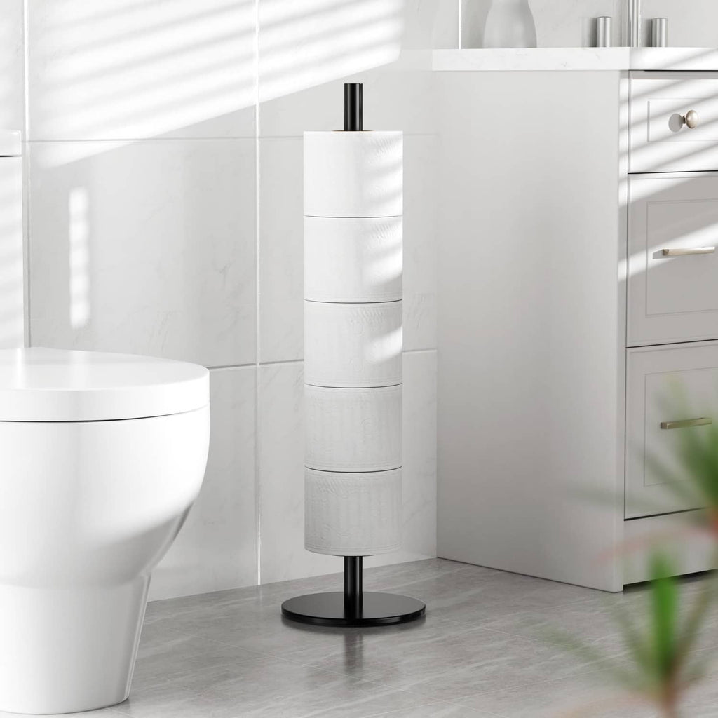 Black freestanding toilet paper holder stand holding a roll with tall post and base