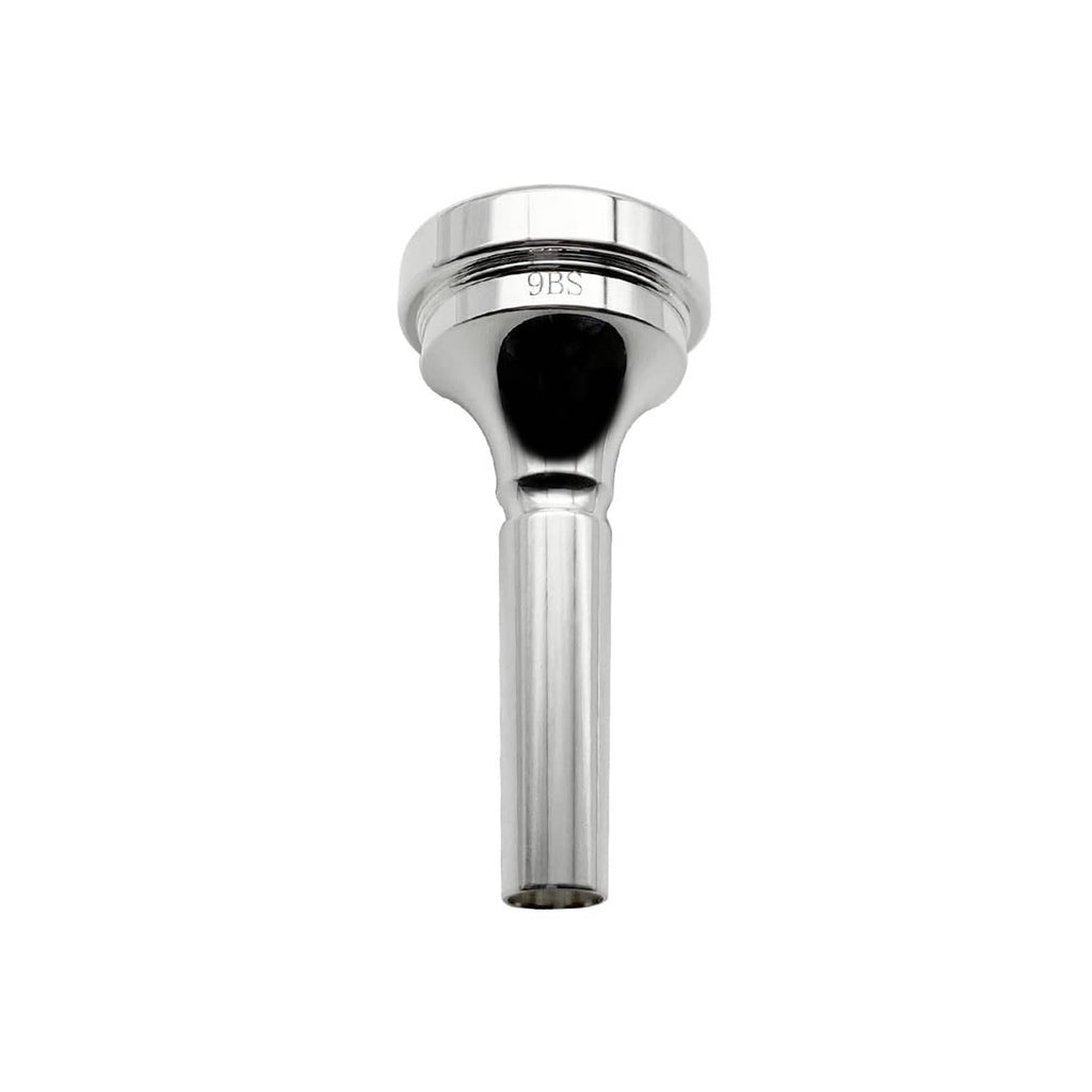 Silver-plated trombone mouthpiece end view with 9BS inside cup