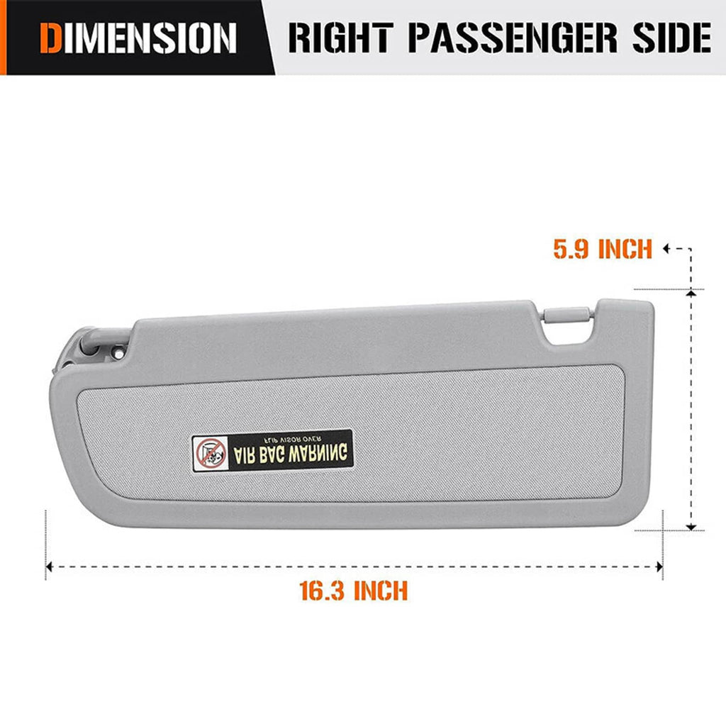 Grey right passenger sun visor with hinge slot, shown with size markers