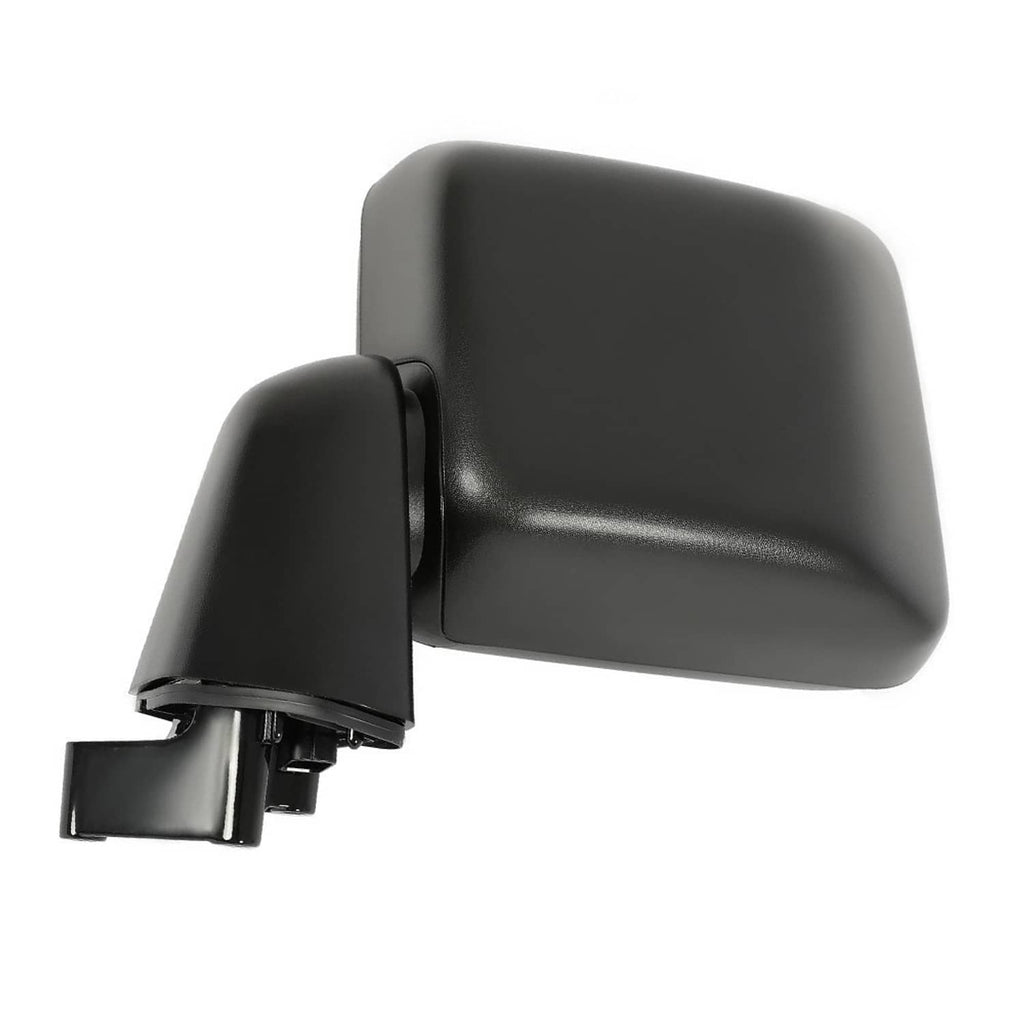 Black heated power side mirror profile close-up with mounting base and bracket.