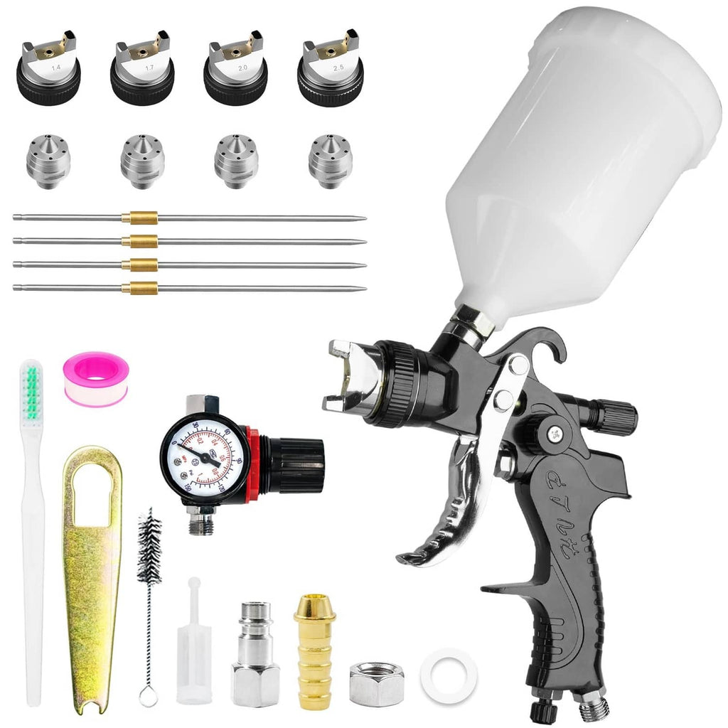 HVLP spray gun kit with black handle and white 600cc spray cup, plus nozzles and gauge