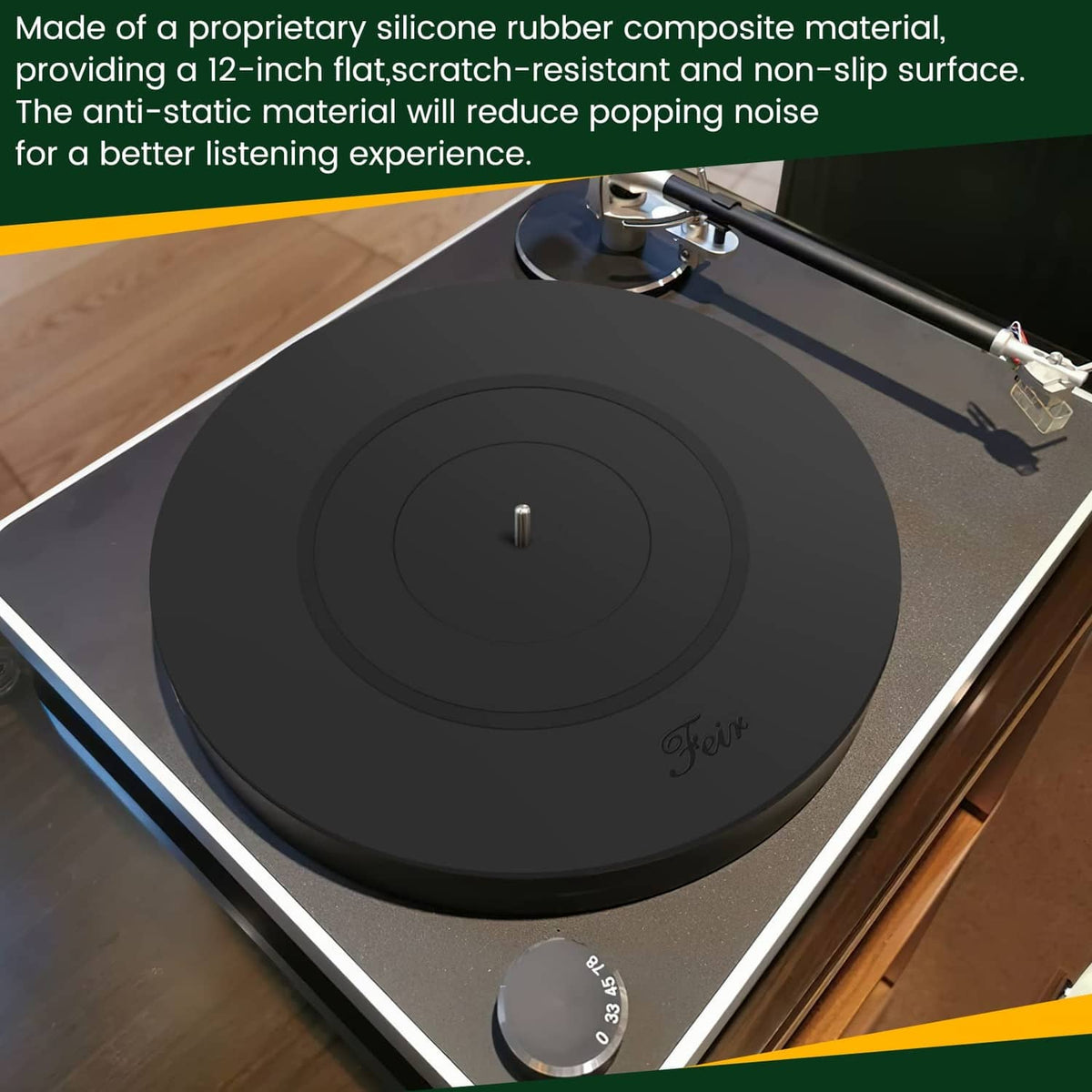 Black silicone platter mat on turntable deck, showing concentric ring pattern