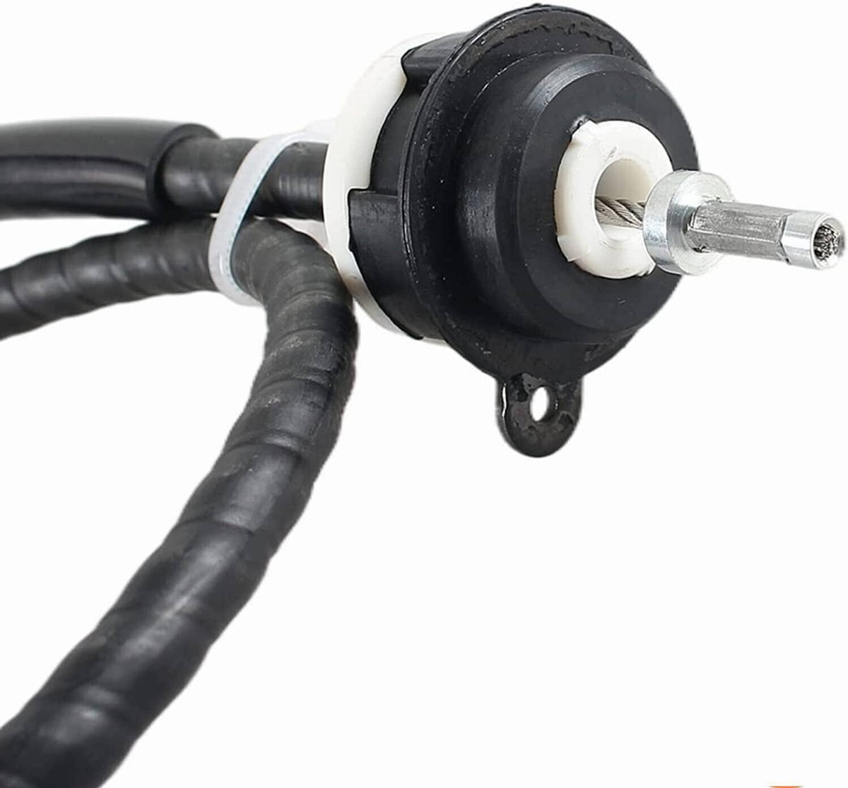 Clutch cable release pivot with black housing and silver adjustment rod