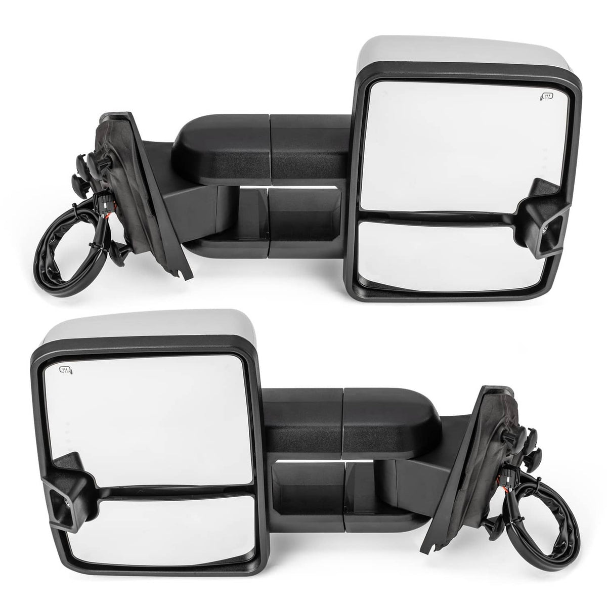 Manual heated tow mirror pair with black housings and wiring harness
