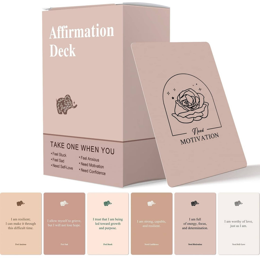 Pink affirmation deck with rose motivation card and “Take one when you need” text