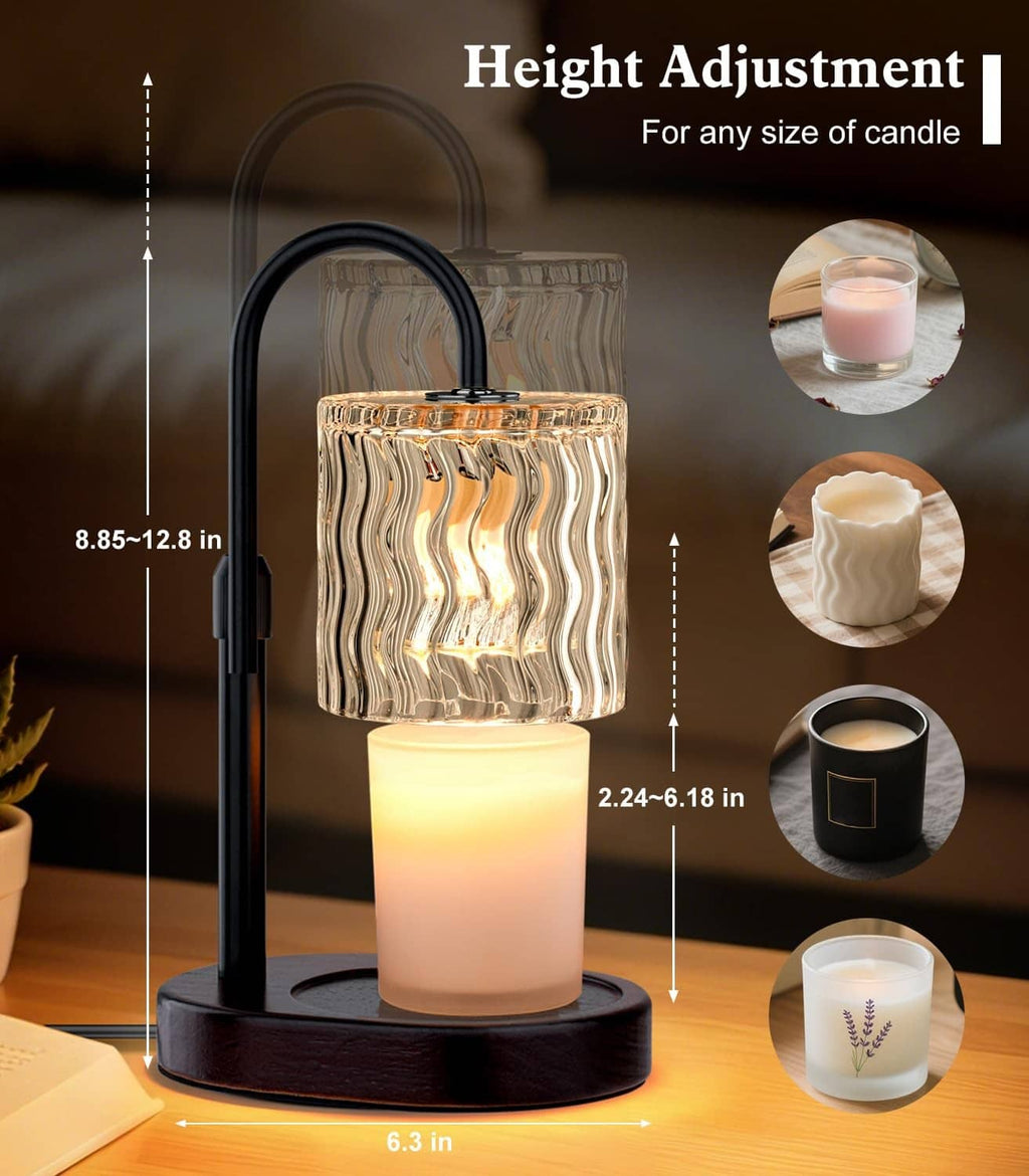 Electric candle warmer lamp with clear wavy glass shade and lit candle, adjustable height