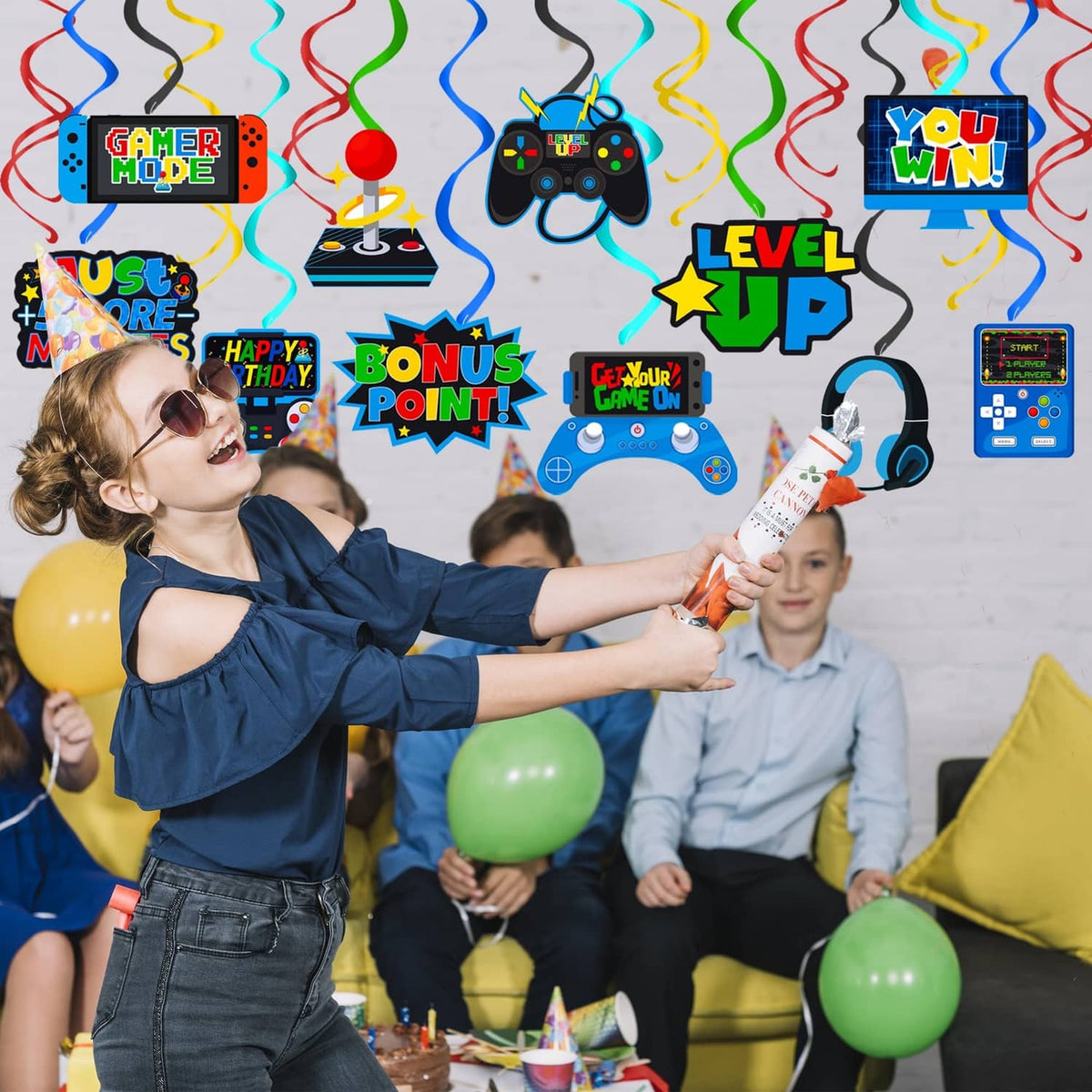Blue video game hanging swirl party decorations with controller and headset cutouts