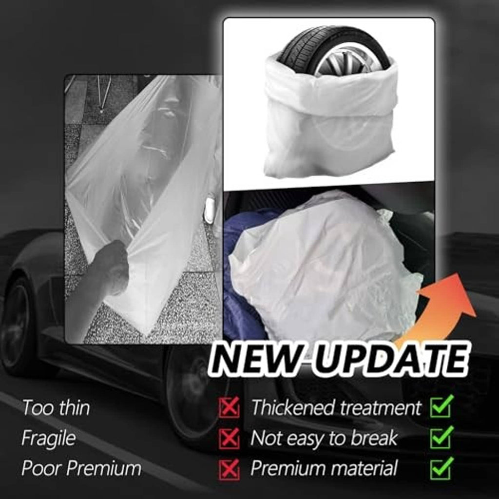 White LDPE tire storage bags with covered tire, shown in multiple angles