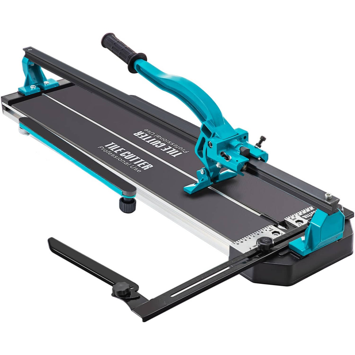 Manual tile cutter with blue guide rail, black base, and cutting blade assembly