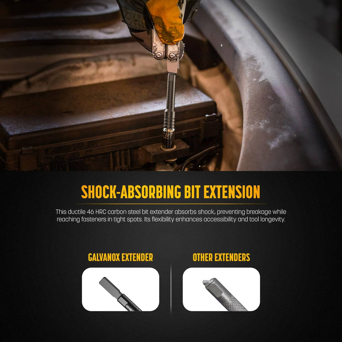 Shock-absorbing bit extension tool driving a screw with a long hex bit
